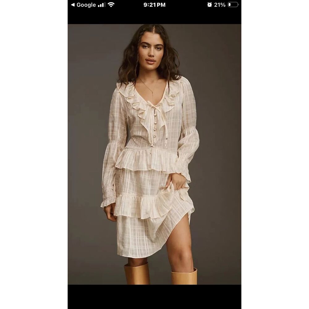 By Anthropologie Long Sleeve Sheer Ruffle Tunic Dress Midi Cream SM #400